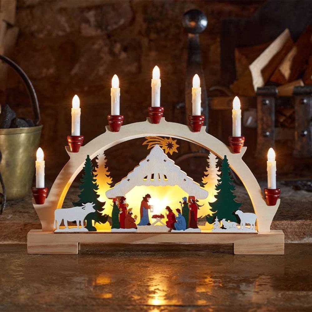Inlit 7 Light Wooden Led Nativity Candlebridge - XMAS CERAMIC WOOD RESIN GLASS ORNAMENTS - Beattys of Loughrea