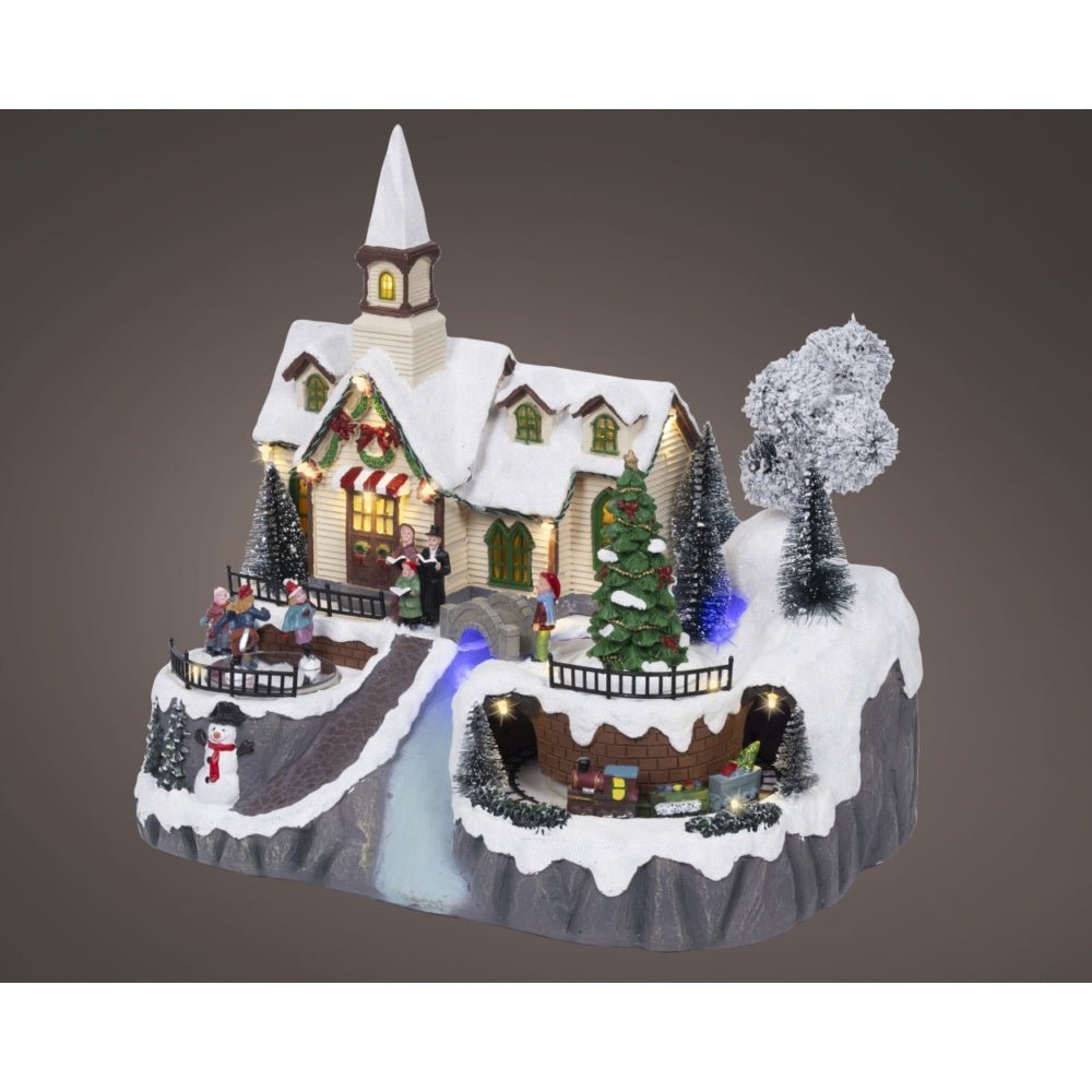 Led Musical Christmas Village Scene With Church - XMAS ROOM DECORATION LARGE AND LIGHT UP - Beattys of Loughrea