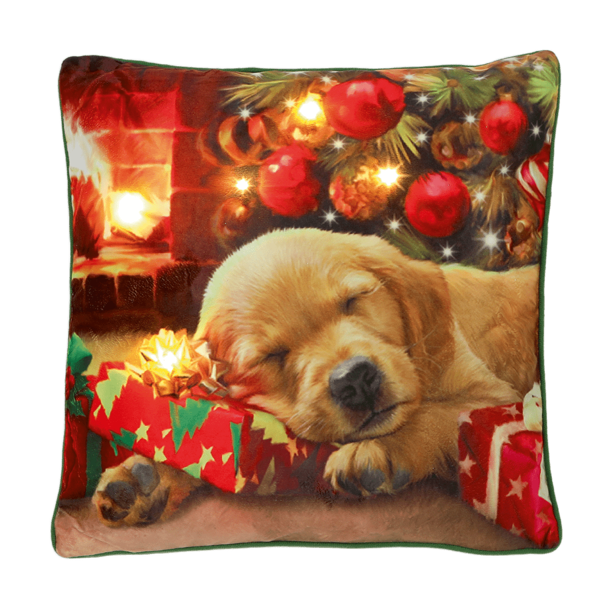 Battery Operated Lit Cushion Puppy Asleep on Present 45 x 45cm - CUSHIONS/COVERS - Beattys of Loughrea