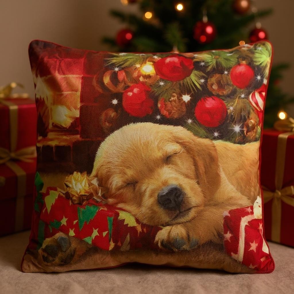 Battery Operated Lit Cushion Puppy Asleep on Present 45 x 45cm - CUSHIONS/COVERS - Beattys of Loughrea