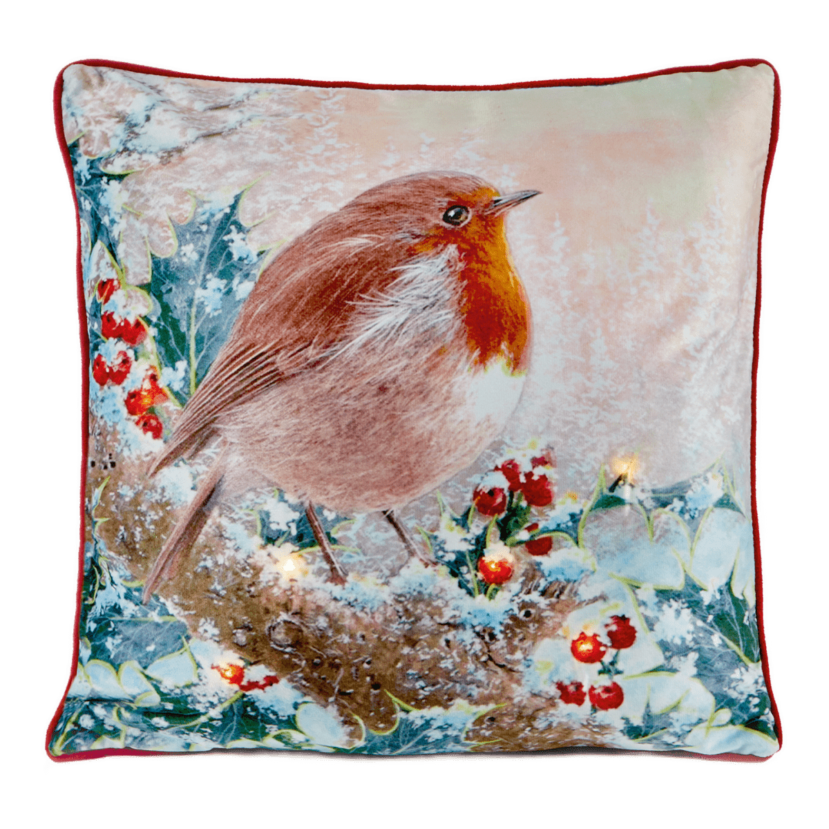 Battery Operated Lit Cushion Robin Among the Holly 45 x 45cm - CUSHIONS/COVERS - Beattys of Loughrea