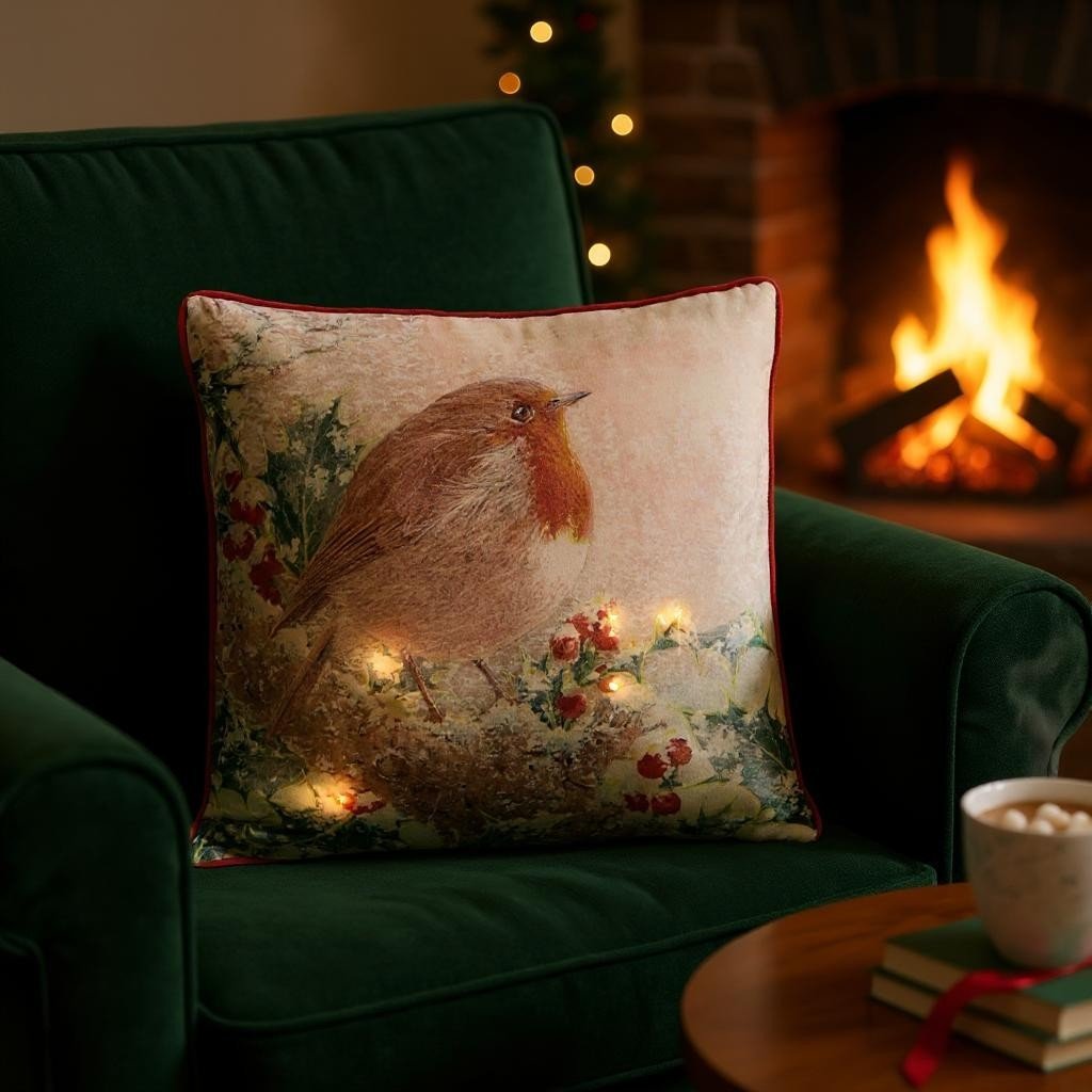 Battery Operated Lit Cushion Robin Among the Holly 45 x 45cm - CUSHIONS/COVERS - Beattys of Loughrea