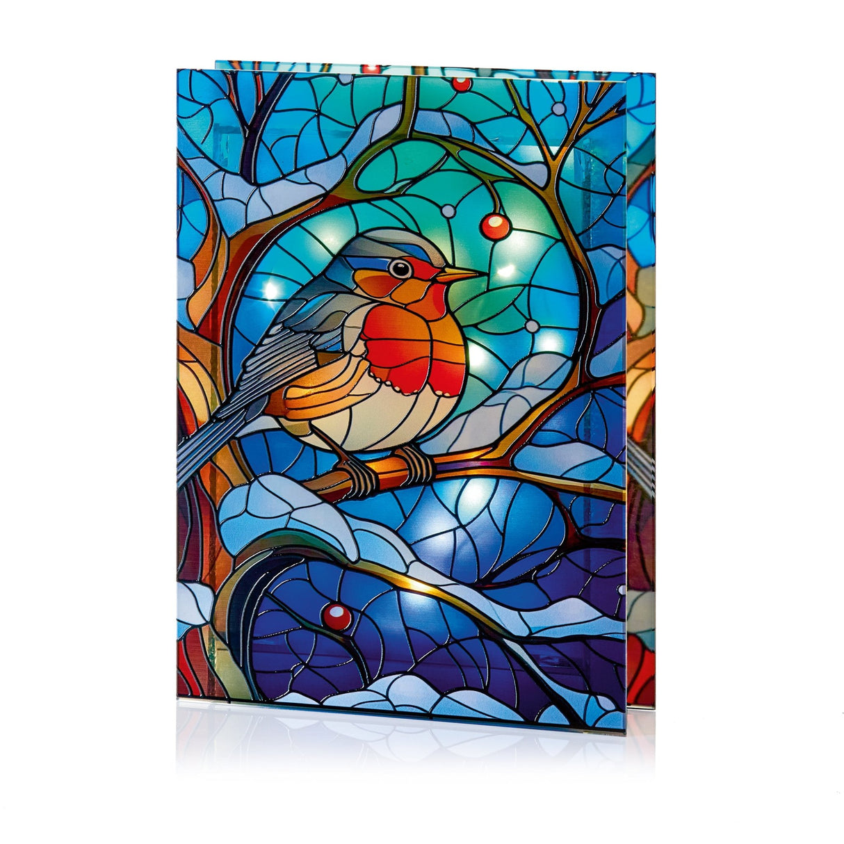 21x28 cm Stained Glass Robin Light, 50 LEDs, Double - Sided - XMAS ROOM DECORATION LARGE AND LIGHT UP - Beattys of Loughrea