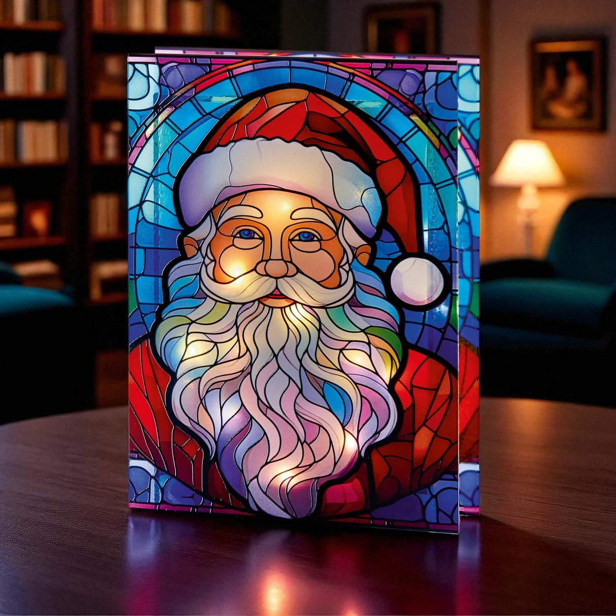 21x28 cm Stained Glass Santa Light, 50 LEDs, Double - Sided - XMAS ROOM DECORATION LARGE AND LIGHT UP - Beattys of Loughrea