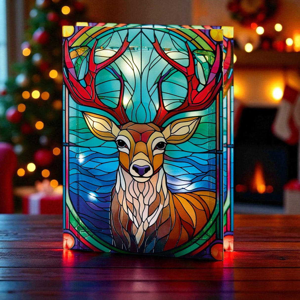 21x28 cm Stained Glass Stag Light, 50 LEDs, Double - Sided - XMAS ROOM DECORATION LARGE AND LIGHT UP - Beattys of Loughrea