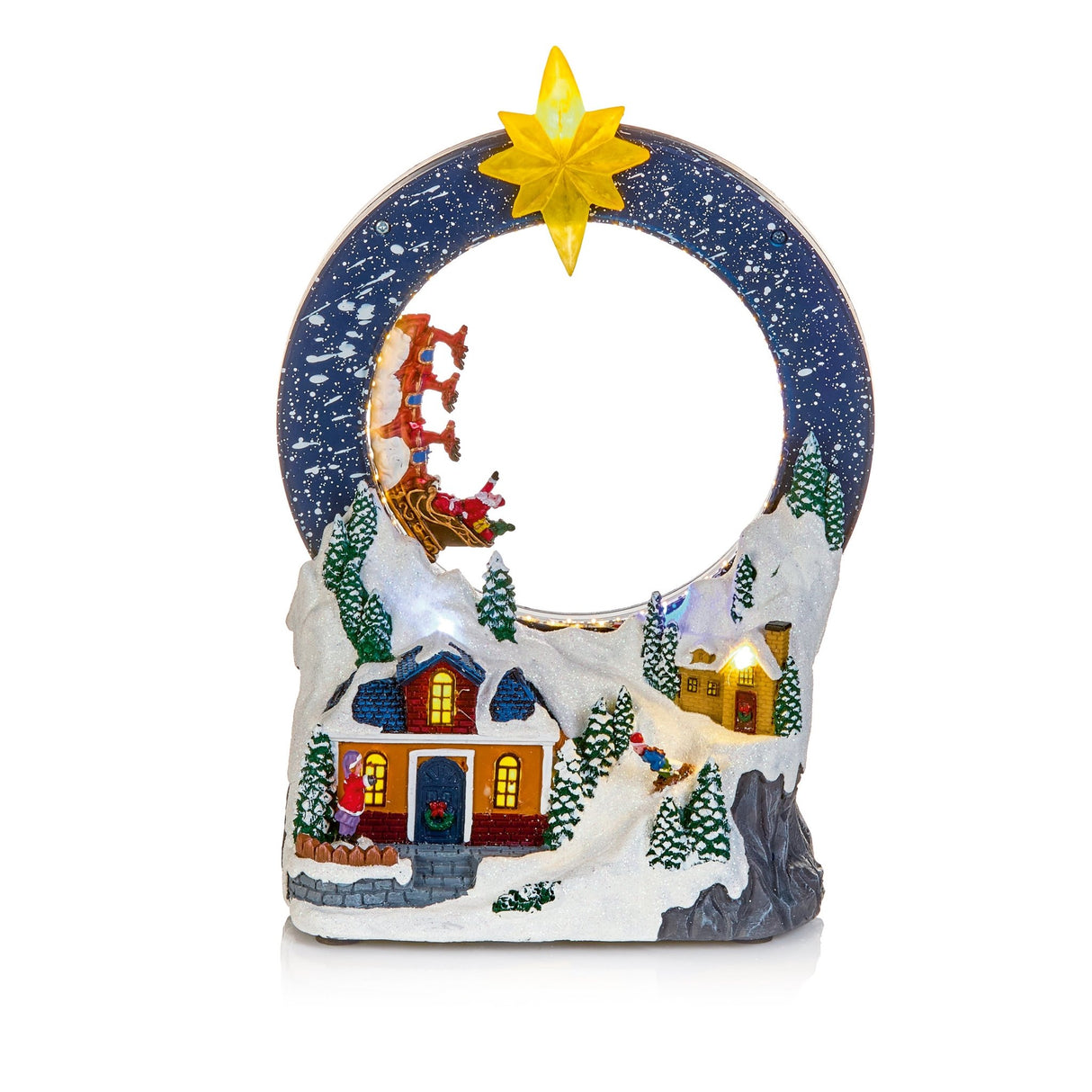 29cm BO Lit Village with Looping Santa Sleigh - XMAS CERAMIC WOOD RESIN GLASS ORNAMENTS - Beattys of Loughrea