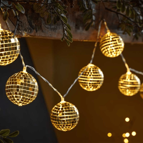 GlitterBall String Lights, Gold - Set of 10 - XMAS BATTERY OPERATED LIGHTS - Beattys of Loughrea