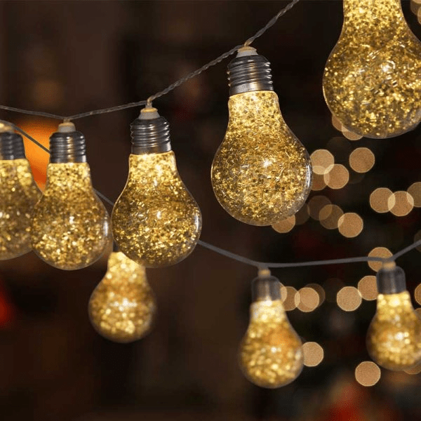 GlitterBulb Battery Operated String Lights, Gold - Set of 10 - XMAS BATTERY OPERATED LIGHTS - Beattys of Loughrea