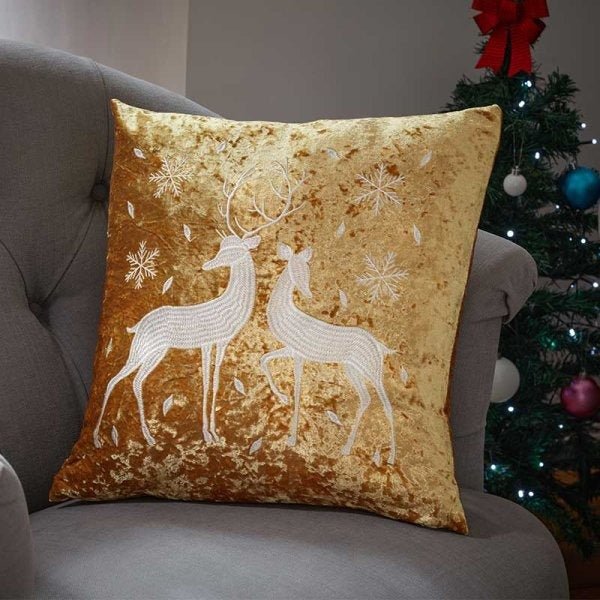 Reindeer Cushion Gold 45 x 45cm - CUSHIONS/COVERS - Beattys of Loughrea