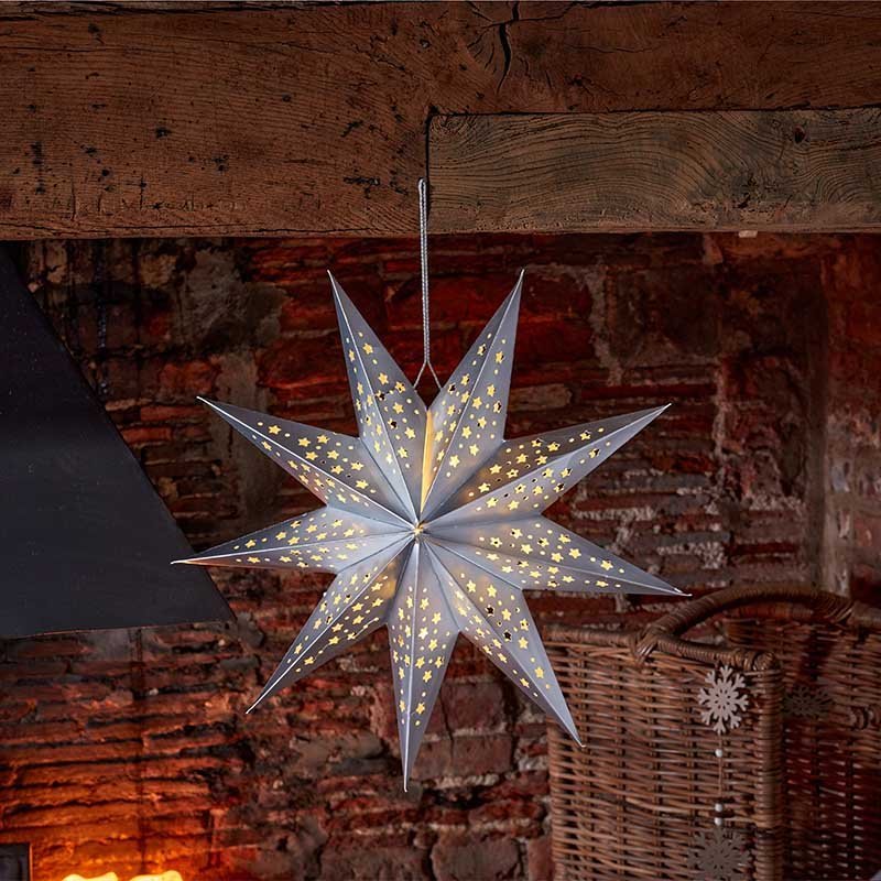 InLit Origami Paper Star Light Hanging Decoration – Silver (50cm) - XMAS ROOM DECORATION - LIGHT UP - Beattys of Loughrea