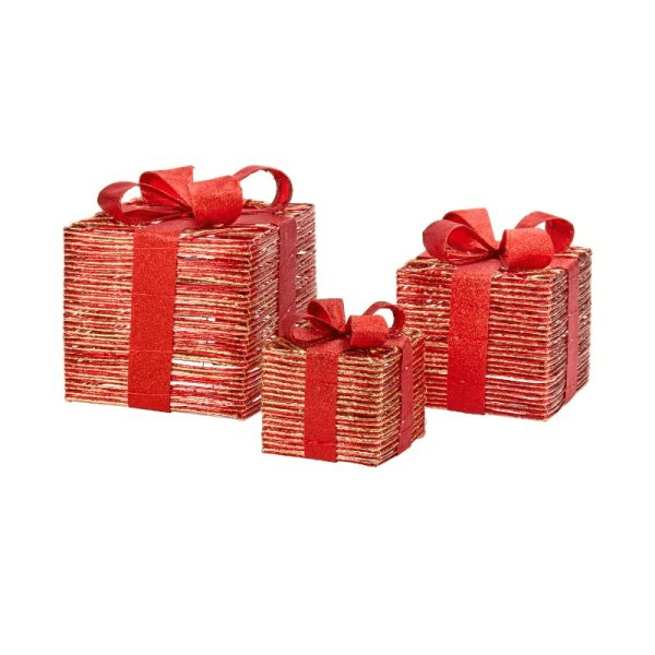 RedGold Braid LED Faux Gift Boxes - Set of 3 - XMAS ROOM DECORATION LARGE AND LIGHT UP - Beattys of Loughrea