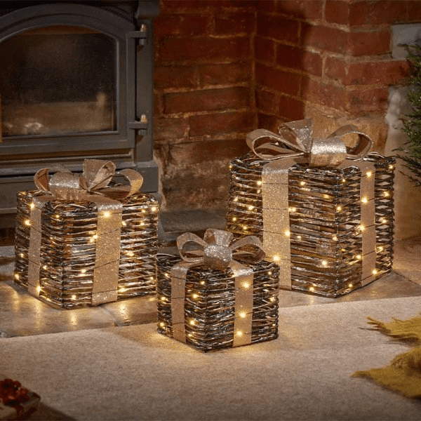 BlackGold Braid Faux Gift Boxes - Set of 3 - XMAS ROOM DECORATION LARGE AND LIGHT UP - Beattys of Loughrea