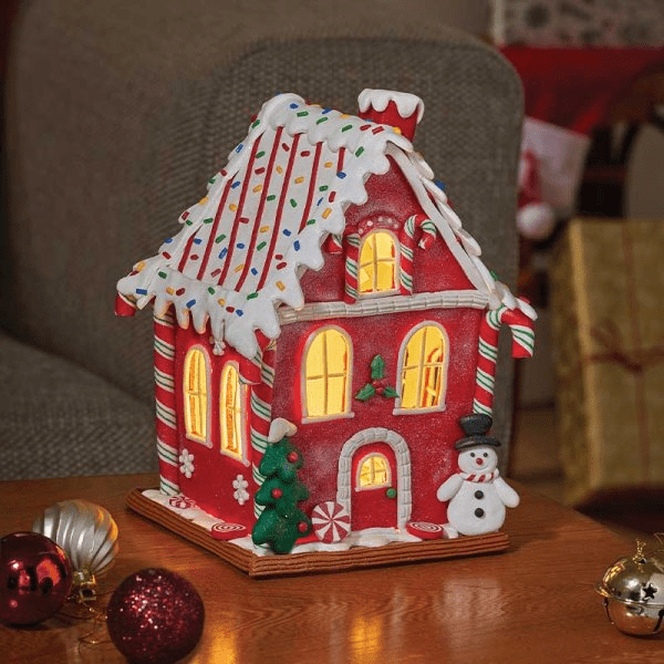 Gingerbread Frosty CandyCabin 20cm - XMAS CERAMIC WOOD RESIN GLASS ORNAMENTS - Beattys of Loughrea