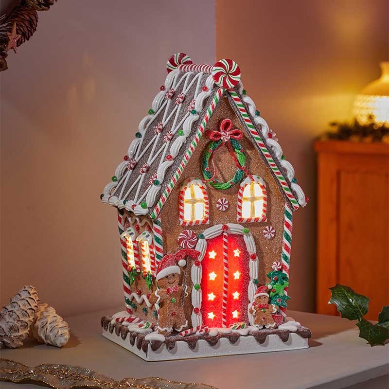 Gingerbread Candy Lodge Pre-Lit LED Christmas Ornament – 34cm - XMAS CERAMIC WOOD RESIN GLASS ORNAMENTS - Beattys of Loughrea