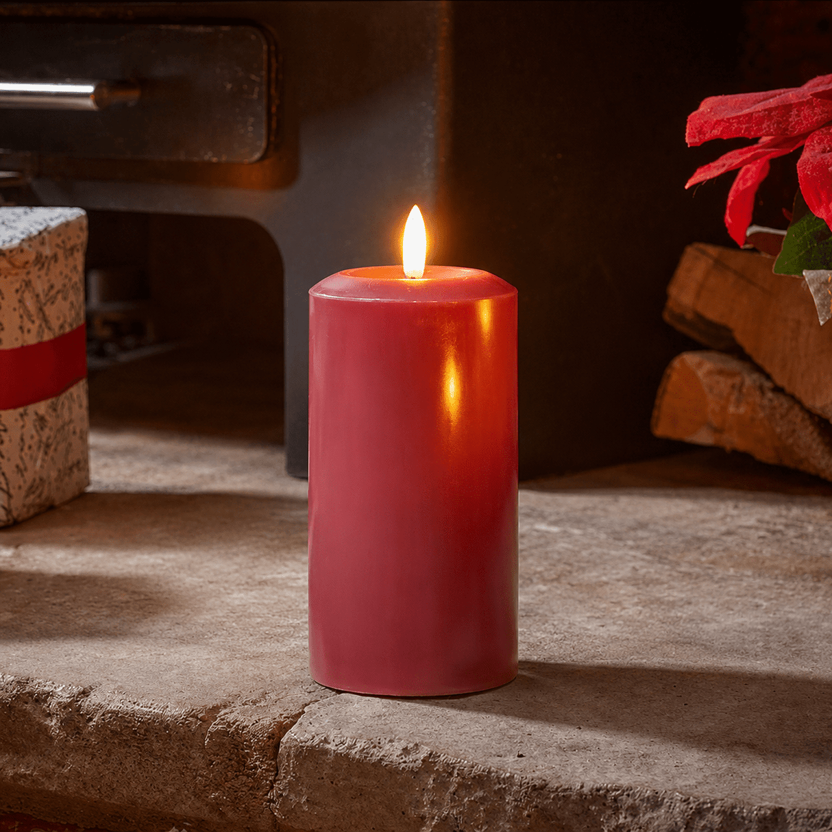 15cm Red Faux Flame LED Pillar Candle - BATTERY LED CANDLES - Beattys of Loughrea