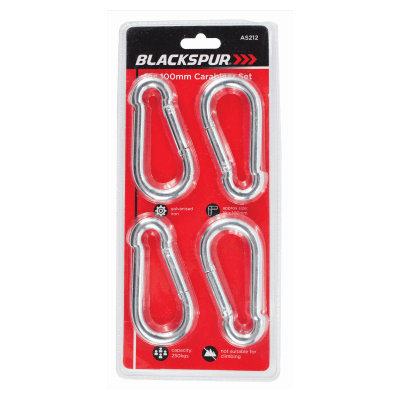 Blackspur 4pc 100mm Carabiner Set - CHAIN LINKS, SWIVEL HOOKS - Beattys of Loughrea