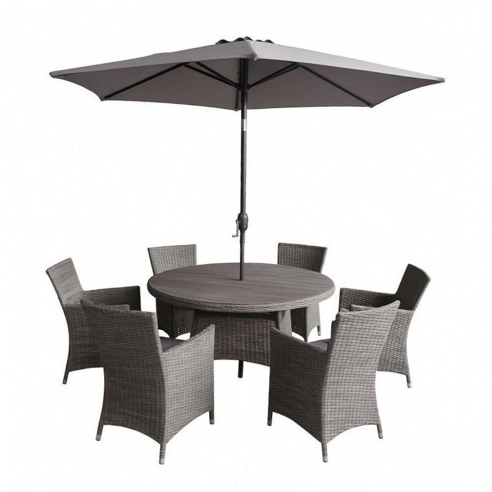 Parma 6‑Seater Round Garden Dining Set – Grey/Brown - WOOD / RATTAN GDN FURN SET 4+ SEATS - Beattys of Loughrea