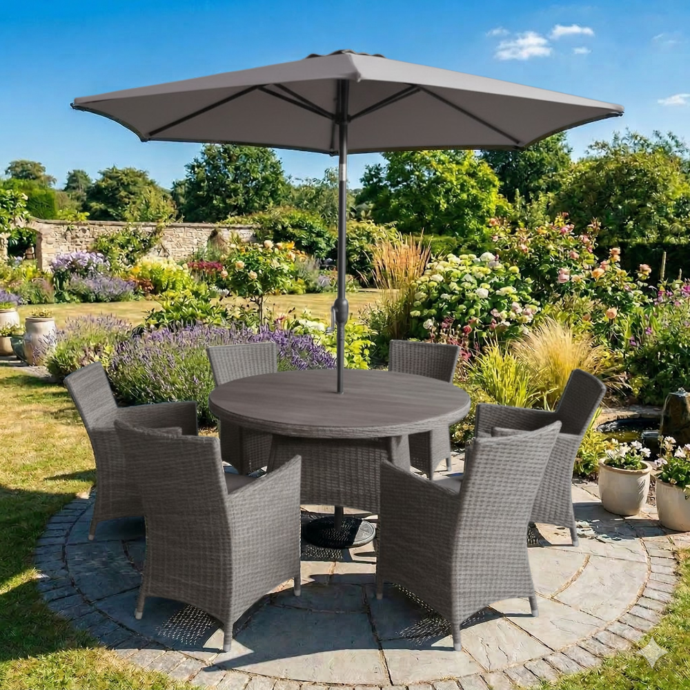 Parma 6‑Seater Round Garden Dining Set – Grey/Brown - WOOD / RATTAN GDN FURN SET 4+ SEATS - Beattys of Loughrea