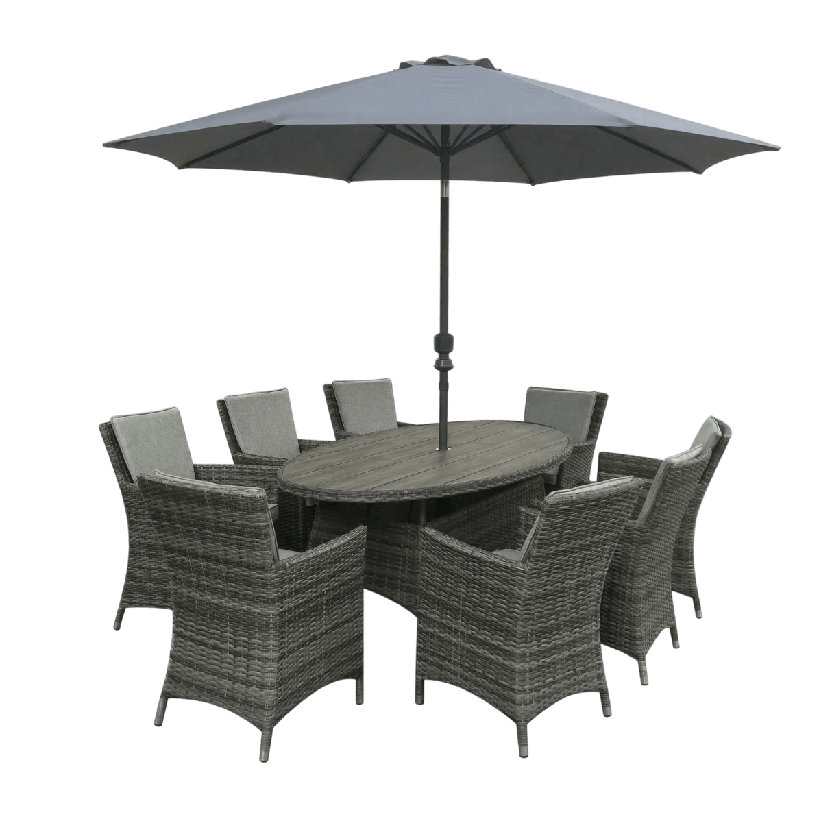 Parma 8‑Seater Oval Garden Dining Set in Grey/Brown - WOOD / RATTAN GDN FURN SET 4+ SEATS - Beattys of Loughrea