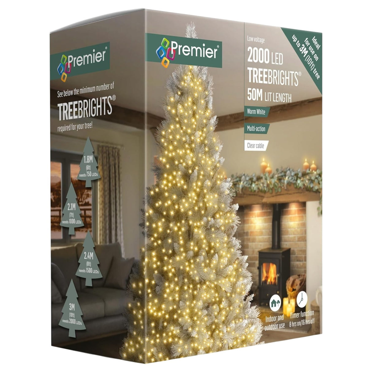 Premier 2000 LED TreeBrights Multi-Action Timer 50M – Warm White (Clear Cable)