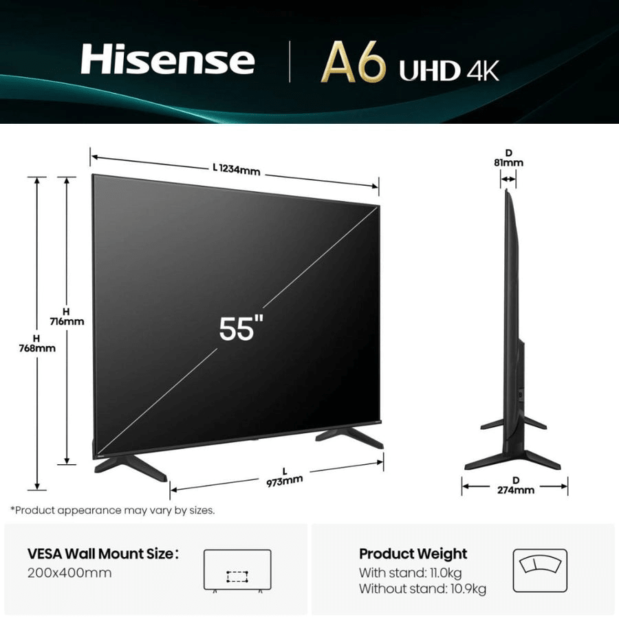 Hisense A6Q 55A61Q 55 Inch LED 4K HDR Smart TV - TV 29" (73CM +) - Beattys of Loughrea