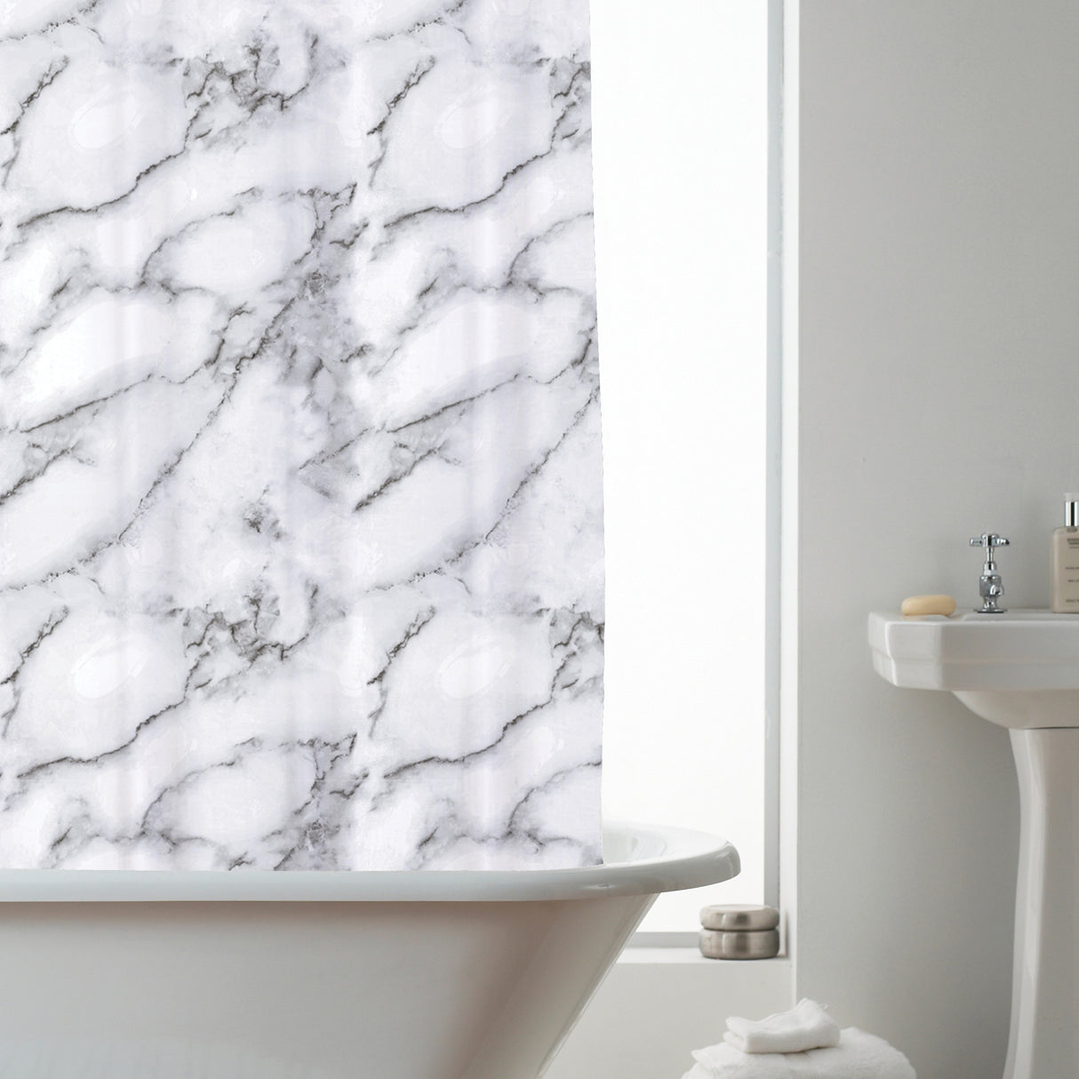 White & Grey Marble Shower Curtain – Waterproof PEVA - Beattys of Loughrea | www.beattys.ie