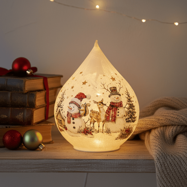 LED Teardrop Glass Snowman 21cm - XMAS ROOM DECORATION LARGE AND LIGHT UP - Beattys of Loughrea