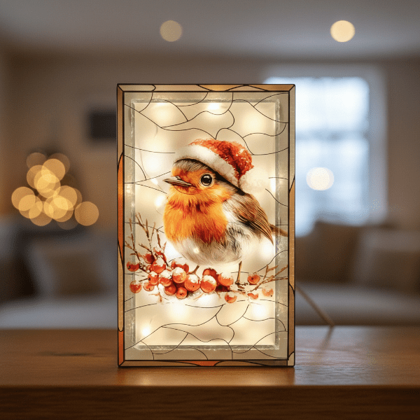 LED Robin Stained Glass 21cm - XMAS BRANCHES/ TABLE DISPLAYS - Beattys of Loughrea