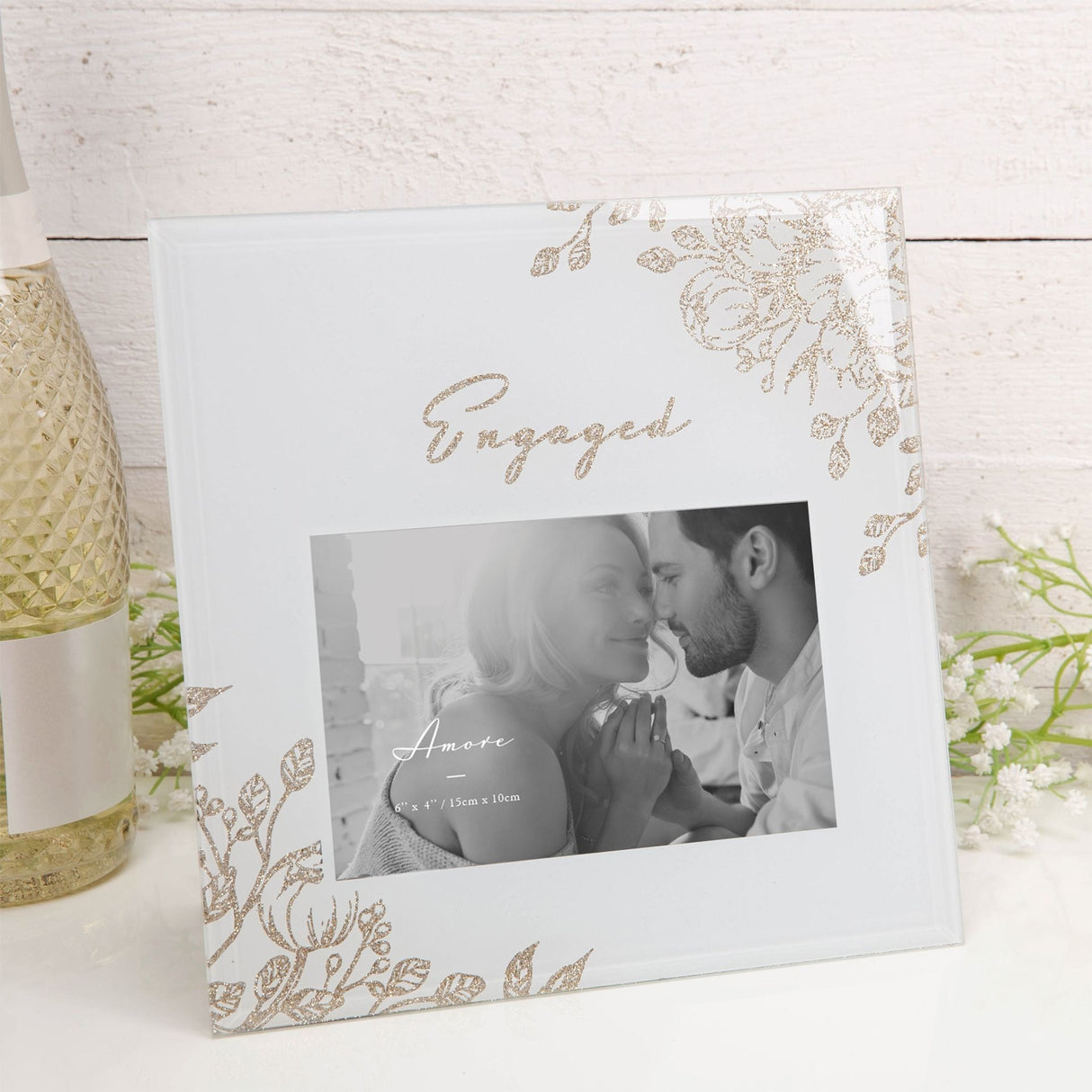 Engaged Pale Grey Glass Gold Floral Frame 6" x 4" - PHOTO FRAMES - PLATED, GILT, STONE - Beattys of Loughrea