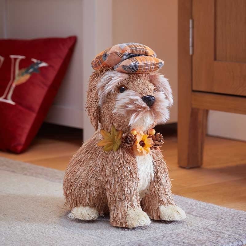 Autumn Puppy in Plaid – Decorative Raffia Dog - DOLLS/BEARS/RABBITS - Beattys of Loughrea