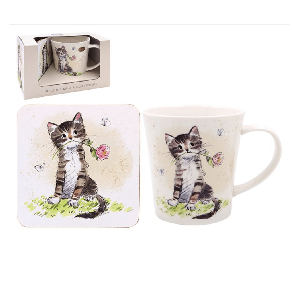 Cat With Rose Mug & Coaster - JUGS - Beattys of Loughrea
