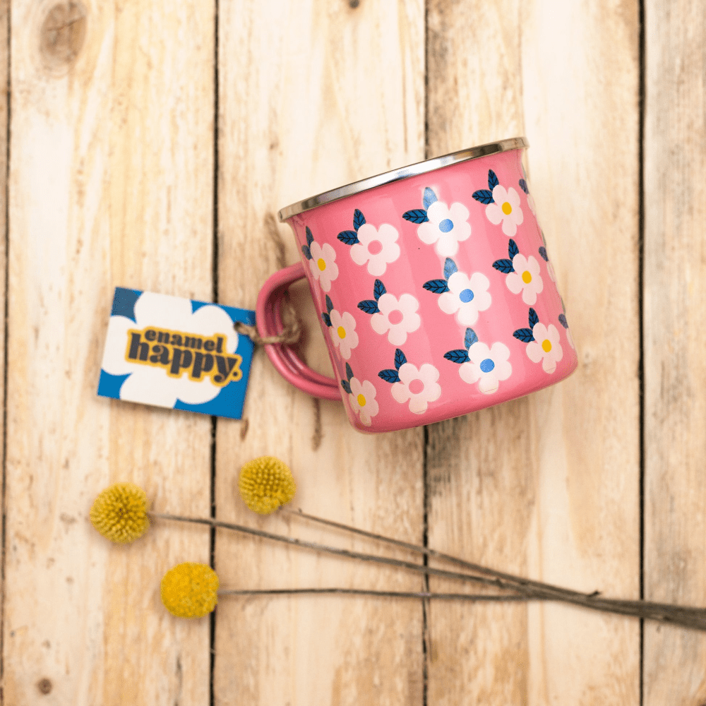 Retro Floral Enamel Mug 350ml – Rose Pink - S/S STOVE TOP KETTLES - Beattys of Loughrea