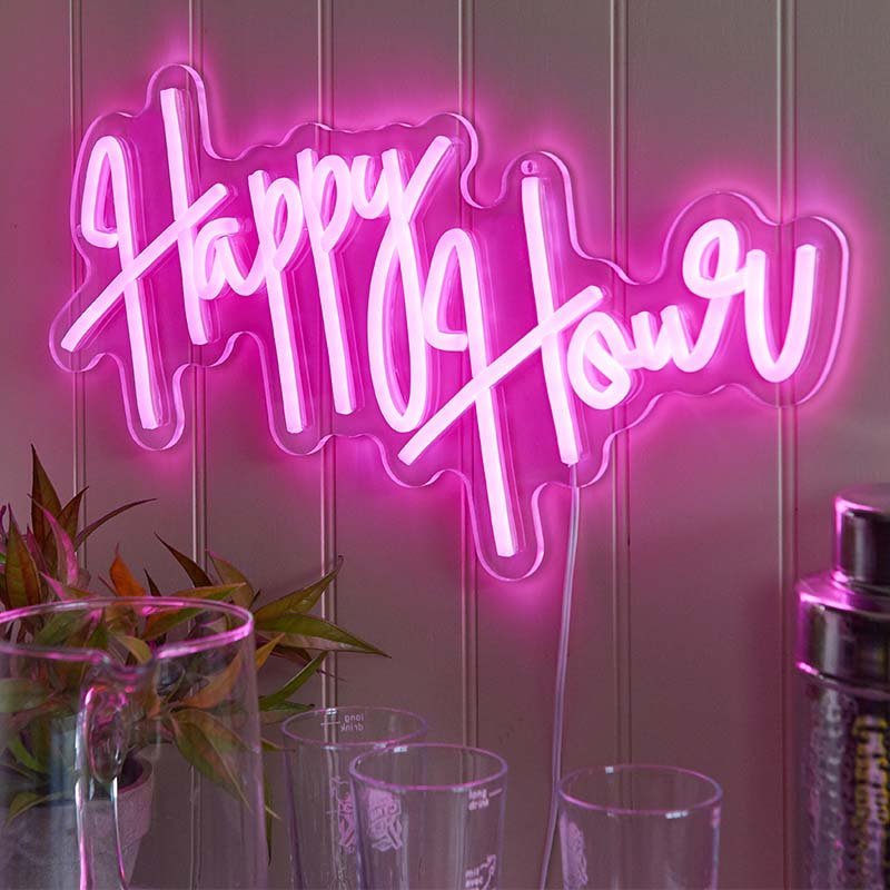 Happy Hour Neon Sign – USB LED Wall Light (40cm) - GARDEN ORNAMENTS INCL SOLAR - Beattys of Loughrea
