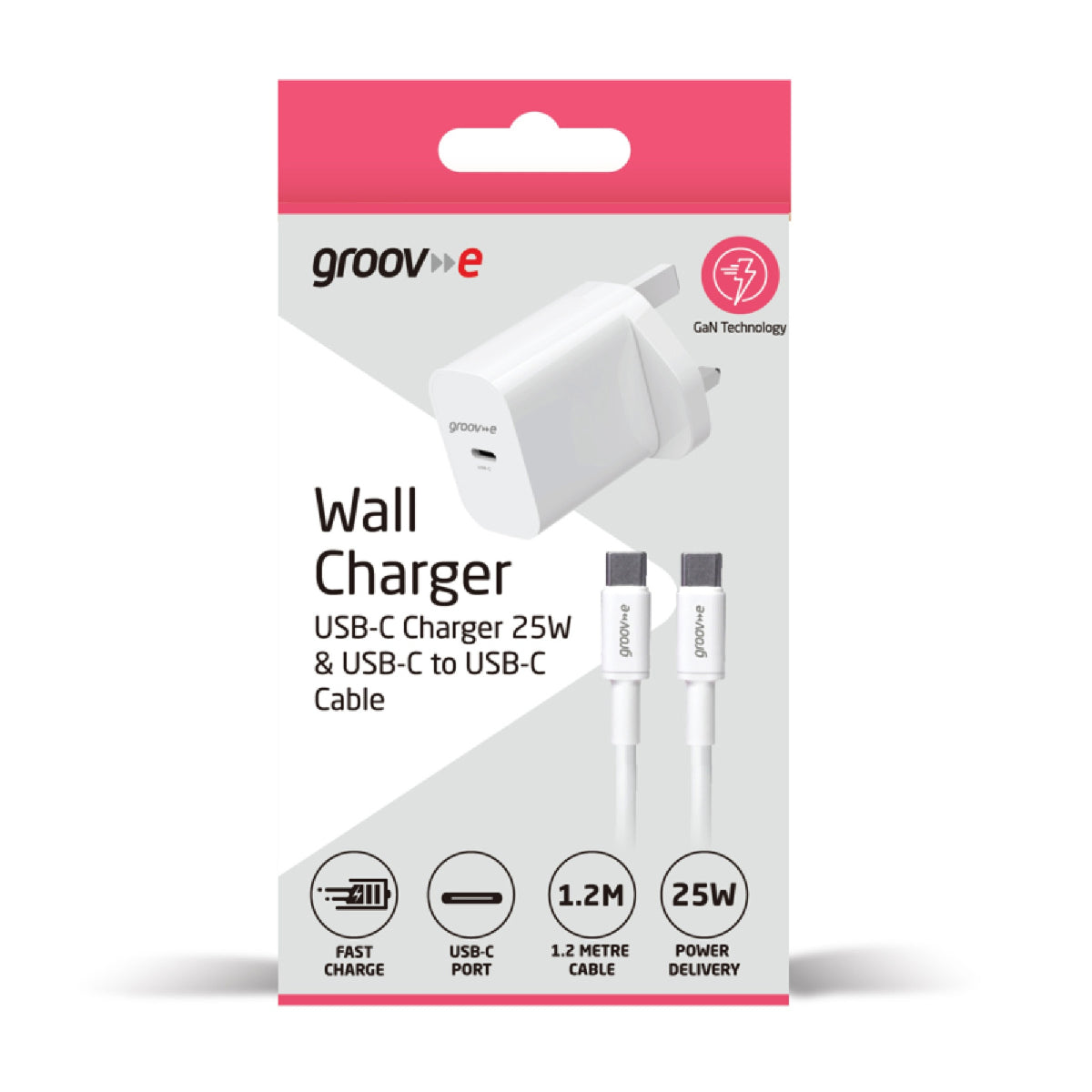 Groov-e USB-C 25W GaN Wall Charger with USB-C Cable, White (GVMA112WE)
