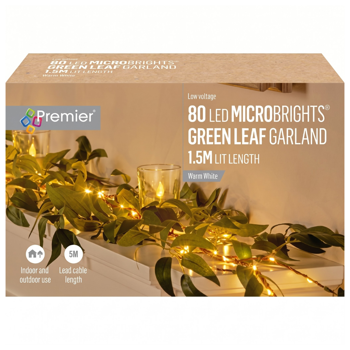 Premier 1.5m Lit Green Leaf Garland with 80 Warm White MicroBright LEDs