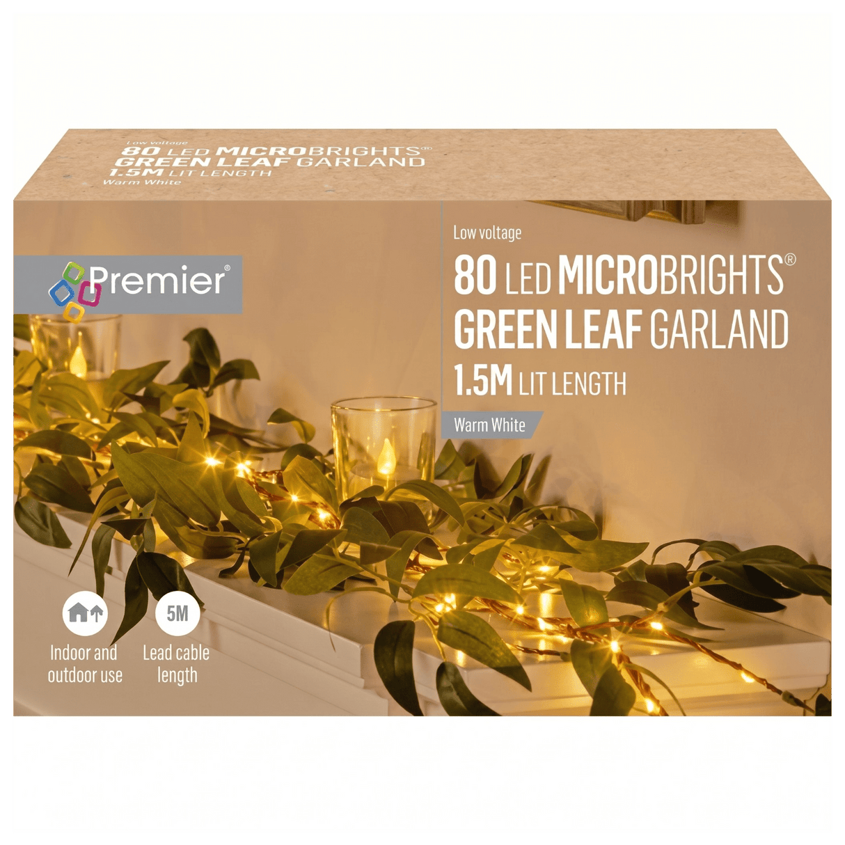 Premier 1.5m Lit Green Leaf Garland with 80 Warm White MicroBright LEDs - XMAS GARLANDS - Beattys of Loughrea