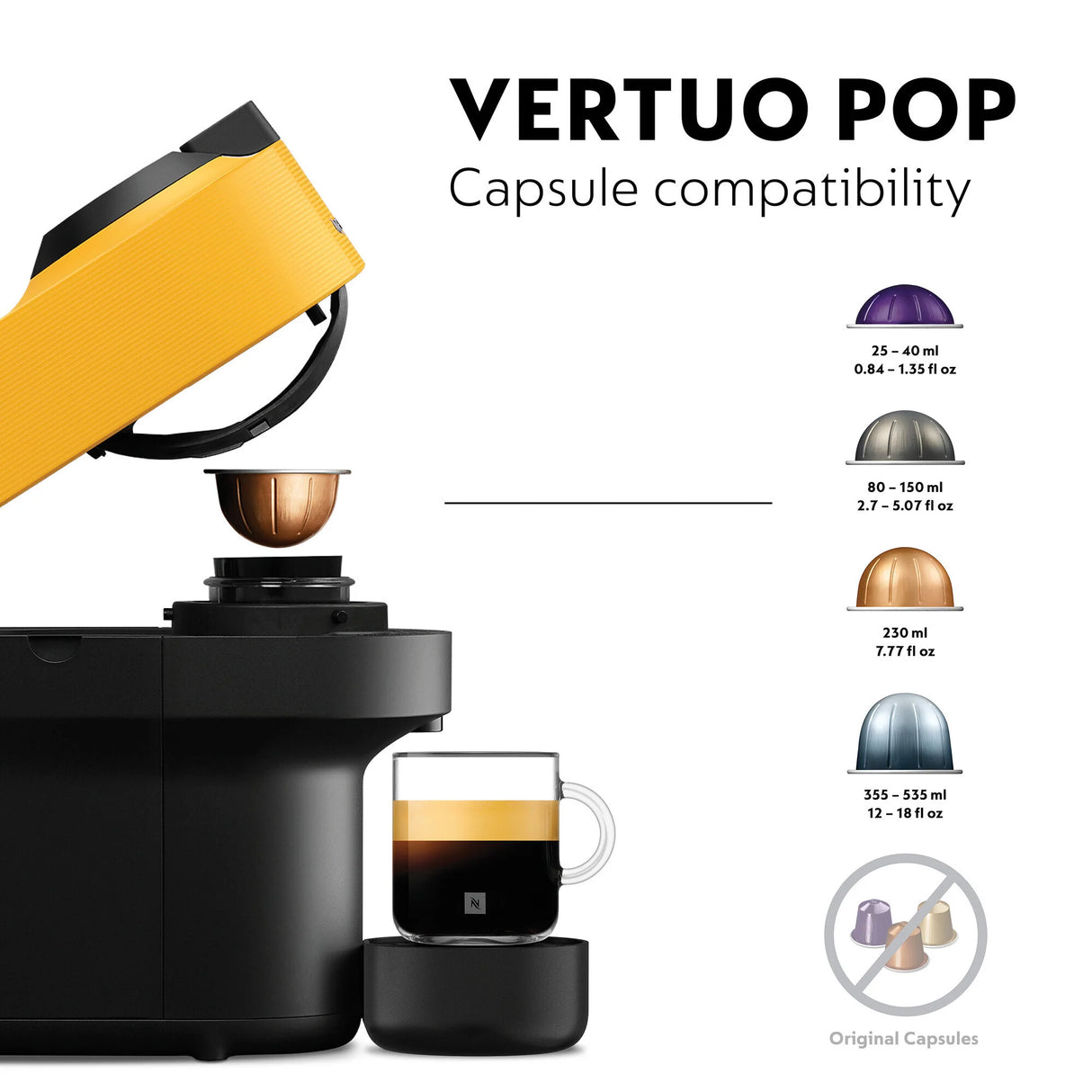 De'Longhi Nespresso Vertuo Pop ENV90.Y Capsule Coffee Machine, Yellow - COFFEE MAKERS / ACCESSORIES - Beattys of Loughrea