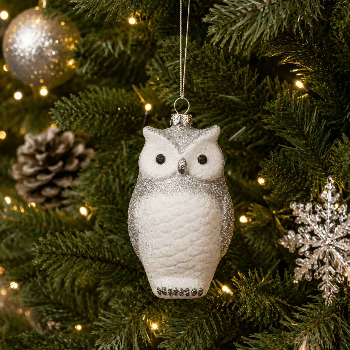 Glitzy Arctic Owl Pendant Christmas Tree Ornament - XMAS BAUBLES - Beattys of Loughrea