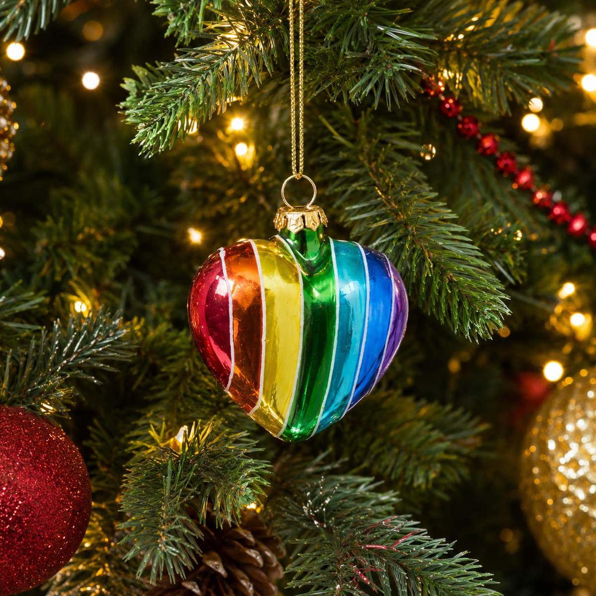 Rainbow Heart Glass Pendant Christmas Tree Decoration - XMAS BAUBLES - Beattys of Loughrea
