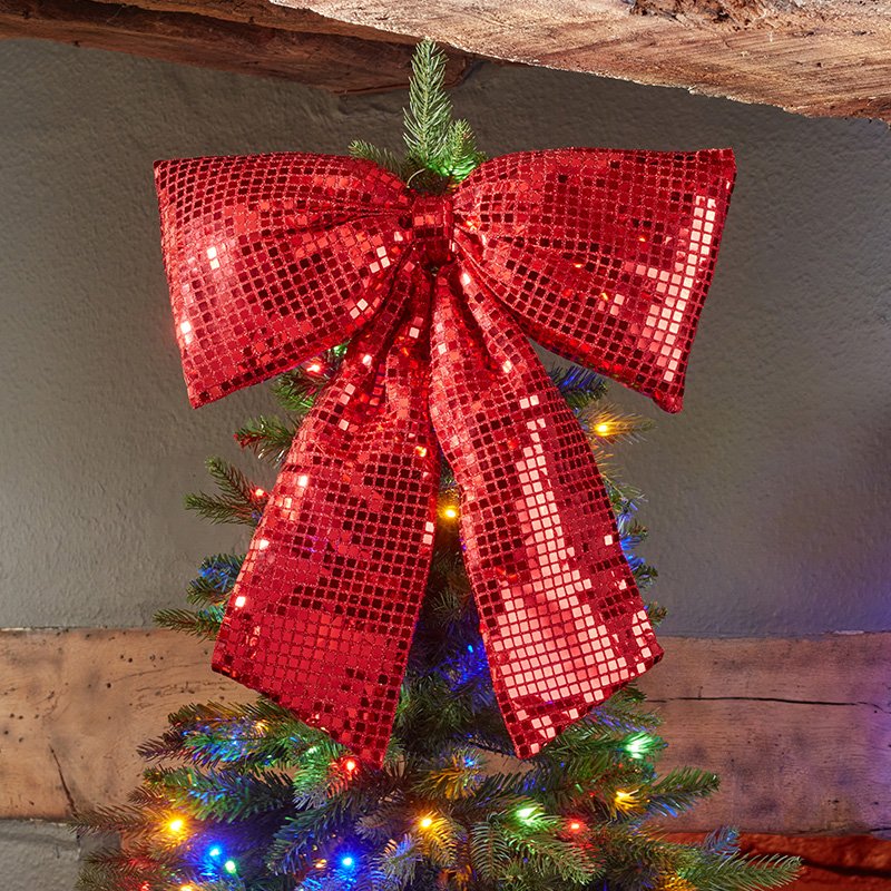 22cm Disco Padded Red Bow Christmas Tree Topper & Hanging Decoration - XMAS BRANCHES/ TABLE DISPLAYS - Beattys of Loughrea