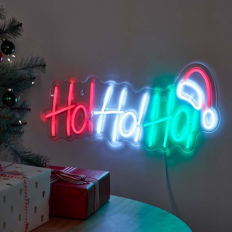 NeonEsque Ho! Ho! Ho! Multi-Colour LED Wall Sign with Flashing Hat (20cm x 40cm) - XMAS ROOM DECORATION - LIGHT UP - Beattys of Loughrea