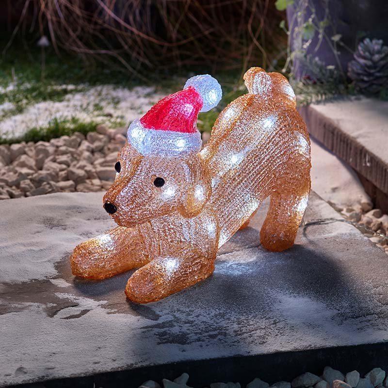 InLit Ice SantaPuppy Play! Illuminated Acrylic Christmas Decoration (20cm) - XMAS ROOM DECORATION - LIGHT UP - Beattys of Loughrea