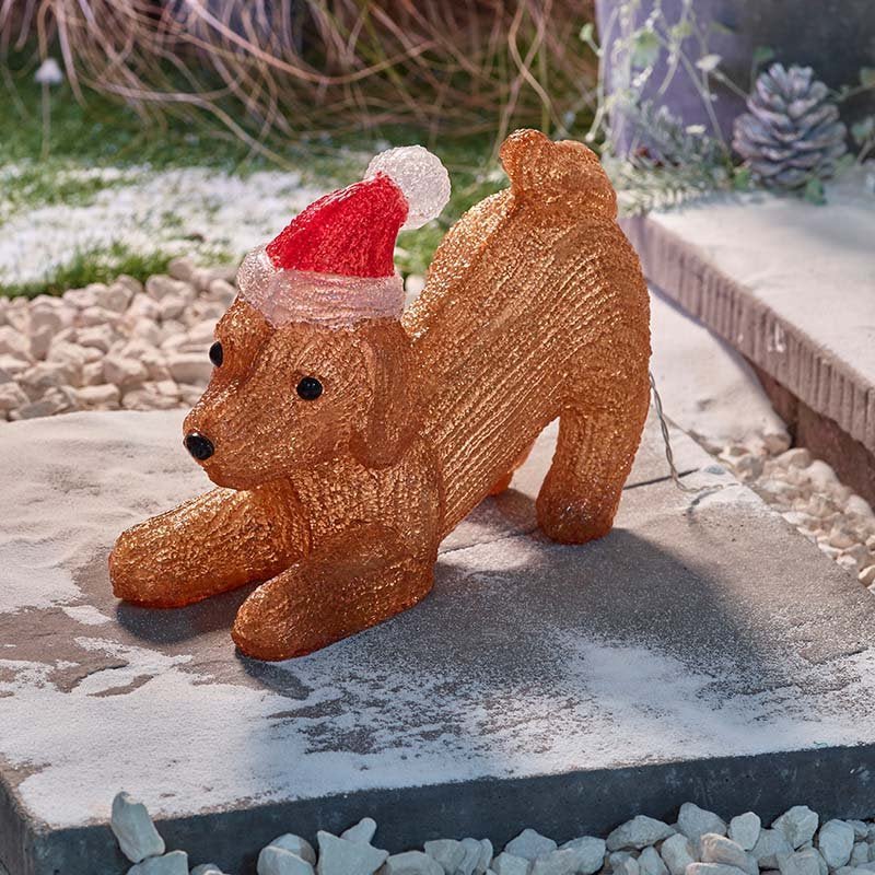 InLit Ice SantaPuppy Play! Illuminated Acrylic Christmas Decoration (20cm) - XMAS ROOM DECORATION - LIGHT UP - Beattys of Loughrea