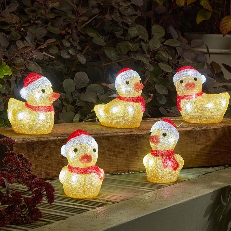 InLit Ice Christmas Ducklings Spun Acrylic Ornaments – Set of 5 (13cm) - XMAS ROOM DECORATION - LIGHT UP - Beattys of Loughrea