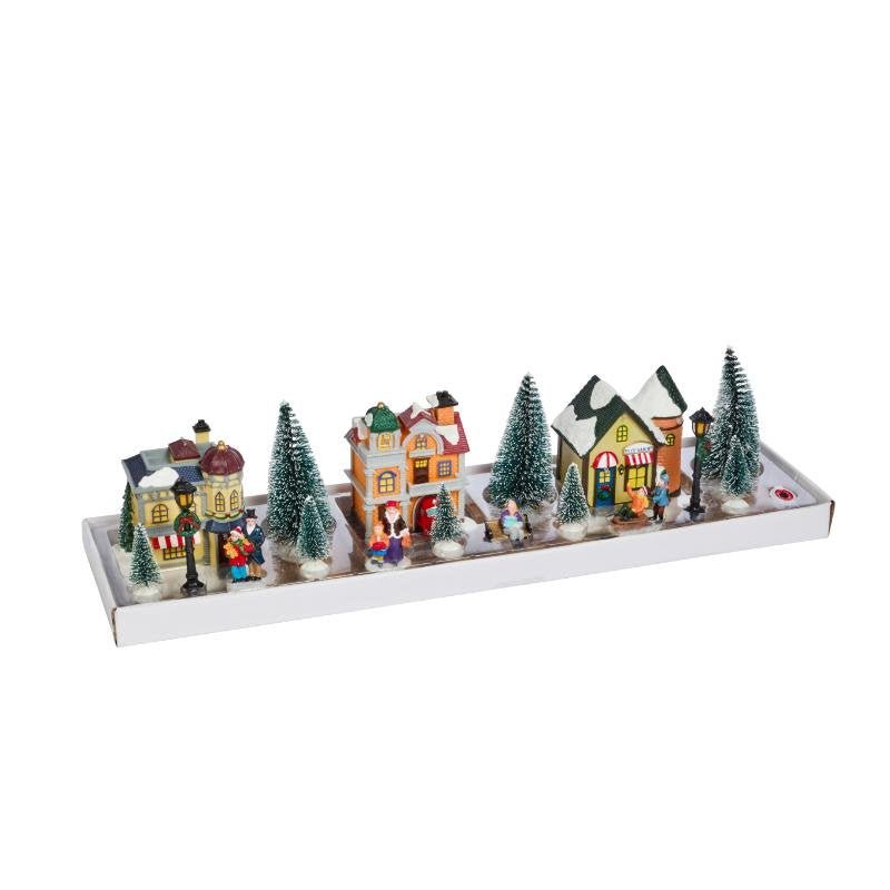 Christmas Avenue Musical Moving SnowScene Village – 17 Piece Set - XMAS CERAMIC WOOD RESIN GLASS ORNAMENTS - Beattys of Loughrea