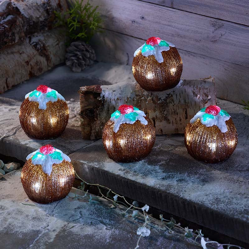 InLit Ice Christmas Puddings Twinkling Ornaments – Set of 5 (9cm)