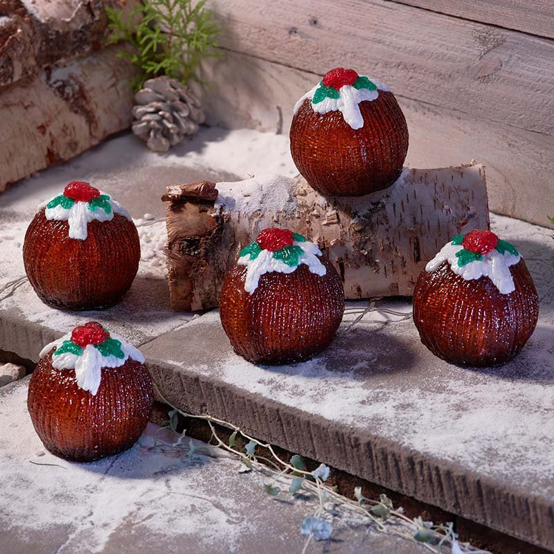 InLit Ice Christmas Puddings Twinkling Ornaments – Set of 5 (9cm)