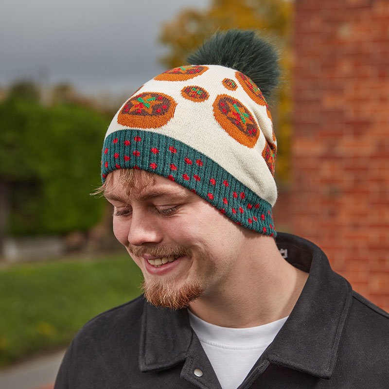 Mince Pie Luxury Winter Knitted Beanie Hat with Faux Fur Pom-Pom - XMAS CLOTHING Christmas clothing human and pet - Beattys of Loughrea