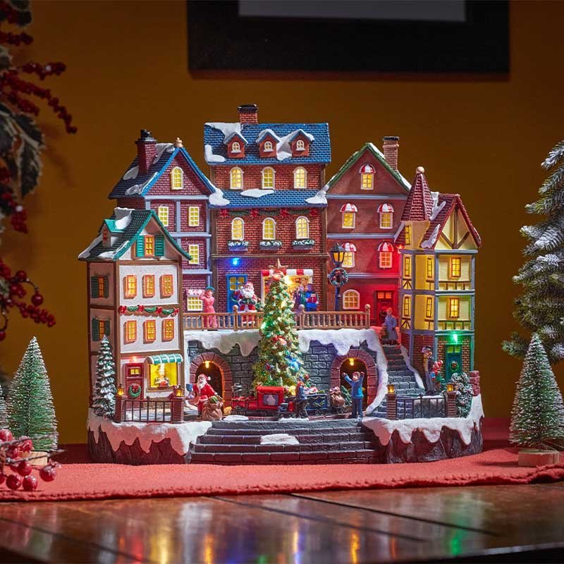 Santa's Town Large Animated Musical LED Snow Scene – 37cm x 41cm - XMAS CERAMIC WOOD RESIN GLASS ORNAMENTS - Beattys of Loughrea