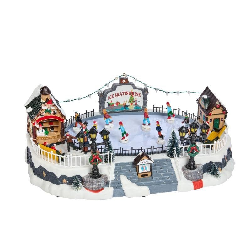 Merry Skaters! Large Animated Musical LED Ice Rink Snow Scene – 17cm x 40cm - XMAS CERAMIC WOOD RESIN GLASS ORNAMENTS - Beattys of Loughrea